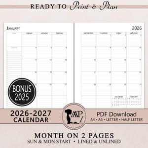 2026 2027 Monthly Calendar Printable | Two 2 Page Lined Unlined Planner Insert | Sunday Monday Start | A4 A5 Letter Half Size | PDF CLP01-02