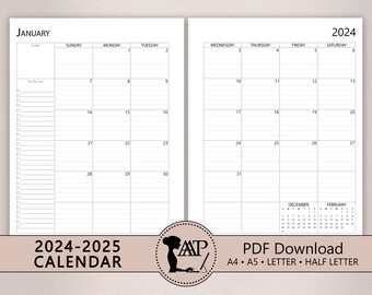 2024 2025 Monthly Calendar Printable | Two 2 Page Lined Unlined Planner Insert | Sunday Monday Start | A4 A5 Letter Half Size | PDF CLP01-02