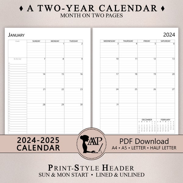 2024 2025 Monthly Calendar Printable | Two 2 Page Lined Unlined Planner Insert | Sunday Monday Start | A4 A5 Letter Half Size | PDF CLP01-02