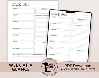 Weekly Planner Printable Digital | Week at a Glance One Page | Daily Plan | GoodNotes | Minimalist | A4 A5 Half Letter Size | PDF CLP07-05