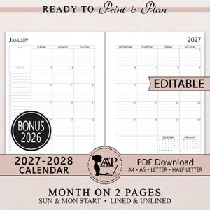 May include: A printable 2027 calendar layout spanning two pages with a month-on-two-pages format. The design includes a goals and to-do list section, a grid for dates, and small reference calendars for December and February. Text includes READY TO PRINT & PLAN, EDITABLE, BONUS 2026, 2027-2028 CALENDAR, PDF DOWNLOAD, A4, A5, LETTER, HALF LETTER, MONTH ON 2 PAGES, SUN & MON START, LINED & UNLINED.