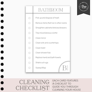 May include: A black and white checklist for cleaning a bathroom. The checklist includes tasks such as picking up trash, cleaning the mirror, and sweeping the floor. The text "BATHROOM" is at the top of the checklist, and the text "CLEANING CHECKLIST" is at the bottom.