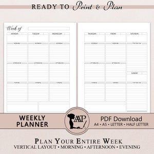 Planificador Semanal Imprimible / Rutina Vertical Diseño de 2 Páginas / Semana en Dos Páginas / Minimalista Moderno / A4 A5 Tamaño Medio Carta / PDF CLP04-03