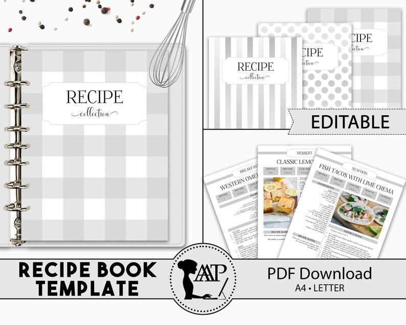 EDITABLE Recipe Book Template, Personalized Cookbook Printable, Family Recipe Organizer, Recipe Page Dividers, Letter A4, pdf, RMP01-07 RBT image 1