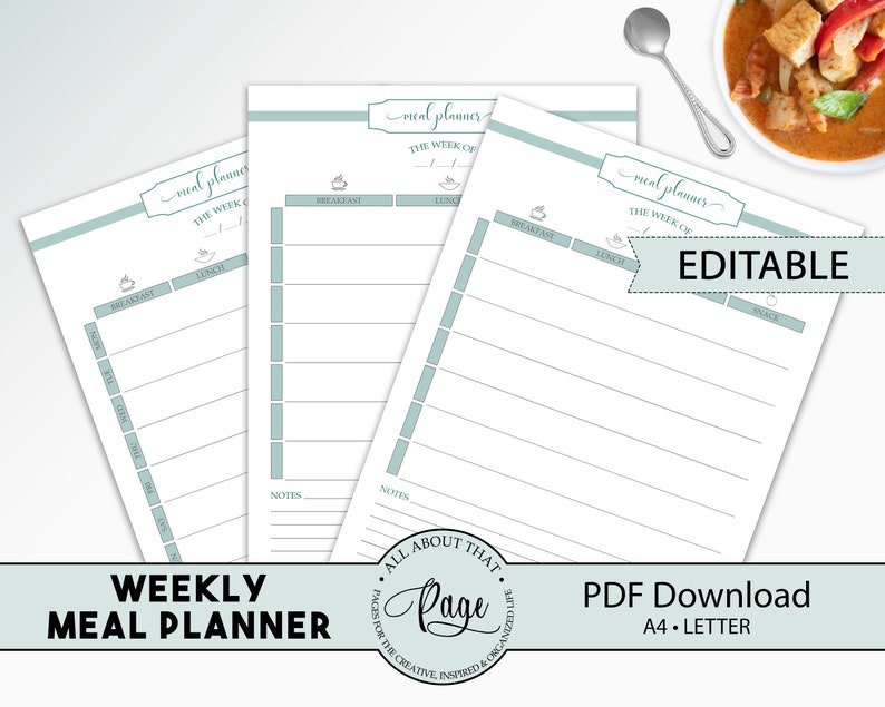 editable weekly meal planner printable menu planning etsy