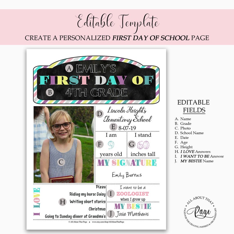 Puede incluir: Un cartel imprimible para el primer d&iacute;a de escuela con un dise&ntilde;o de pizarra colorida. El cartel incluye campos para el nombre del estudiante, el grado, la foto, el nombre de la escuela, la fecha, la edad, la altura y las respuestas a las preguntas "Me gusta" y "Quiero ser". El cartel tambi&eacute;n incluye un espacio para la firma del estudiante y una secci&oacute;n para el nombre de su mejor amigo.