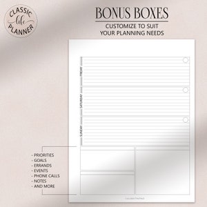 May include: A printable planner page with a section for Sunday, Saturday, and Friday. The page also includes a section for priorities, goals, errands, events, phone calls, notes, and more.