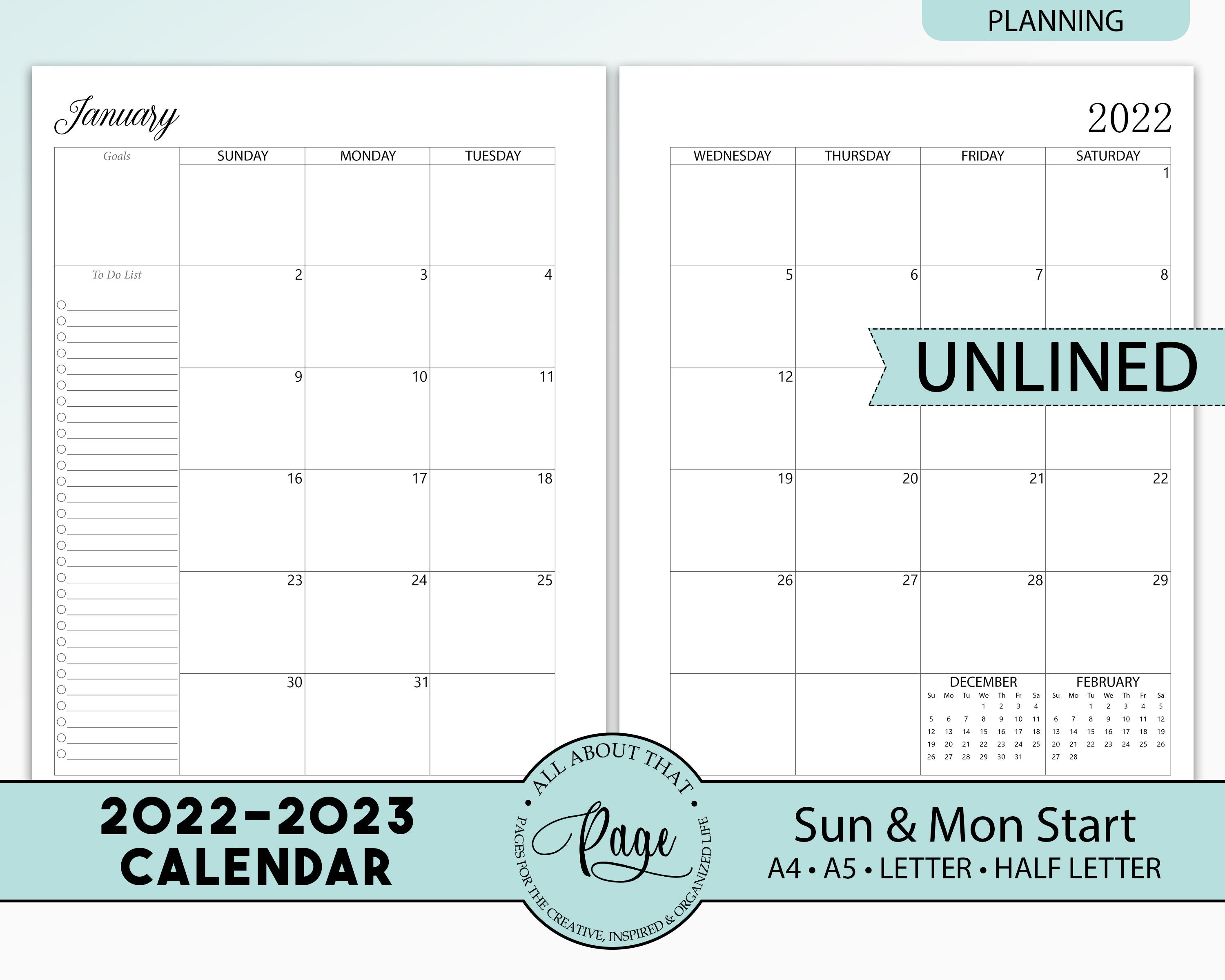 new 2022 2023 monthly calendar printable two 2 page planner etsy