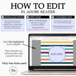 May include: A laptop computer screen displaying a PDF document with instructions on how to edit text in Adobe Reader. The document has a colorful striped background and a circle with the word "EDITABLE" in it. The text on the screen says "FREE ADOBE READER software is required to edit text fields. Download here: https://get.adobe.com/reader/"