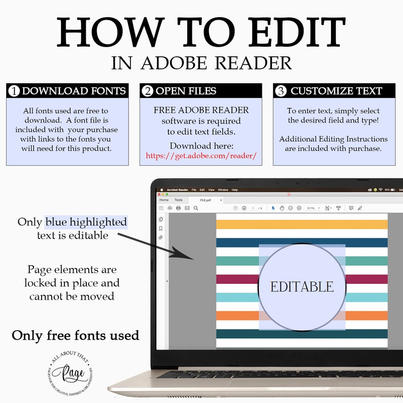 May include: A laptop computer screen displaying a PDF document with instructions on how to edit text in Adobe Reader. The document has a colorful striped background and a circle with the word "EDITABLE" in it. The text on the screen says "FREE ADOBE READER software is required to edit text fields. Download here: https://get.adobe.com/reader/"