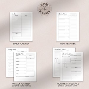May include: A set of printable planner pages in black and white. The pages include a daily planner, weekly planner, meal planner, and monthly planner. The pages are designed to help you stay organized and on track with your goals.