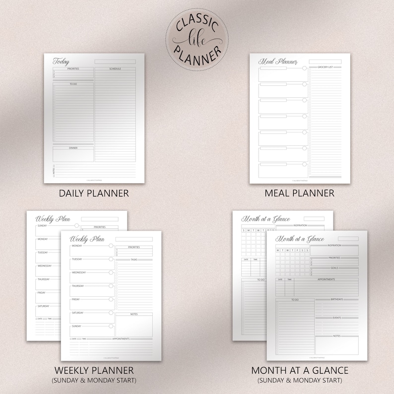 May include: A set of printable planner pages in black and white. The pages include a daily planner, weekly planner, meal planner, and monthly planner. The pages are designed to help you stay organized and on track with your goals.