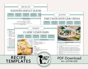 Editable Recipe Template, Recipe Binder Printable, Cookbook Template, Recipe Card, A4, Letter Size Page, PDF Download, Teal, RMP07-05 ERT