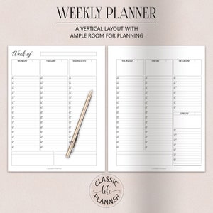 May include: A black and white printable weekly planner with a vertical layout. The planner has a section for each day of the week, Monday through Sunday. The planner has a title that says "Weekly Planner" and "A vertical layout with ample room for planning".
