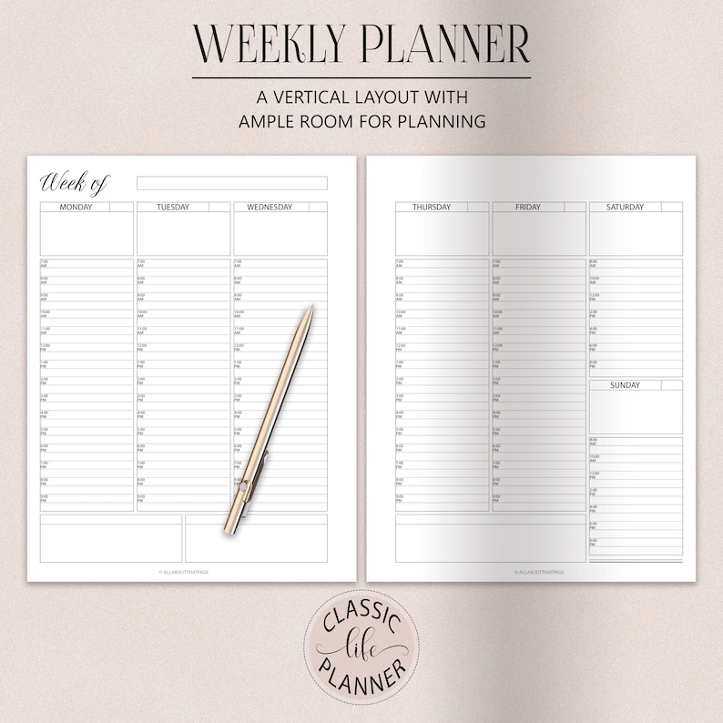 May include: A black and white printable weekly planner with a vertical layout. The planner has a section for each day of the week, Monday through Sunday. The planner has a title that says "Weekly Planner" and "A vertical layout with ample room for planning".