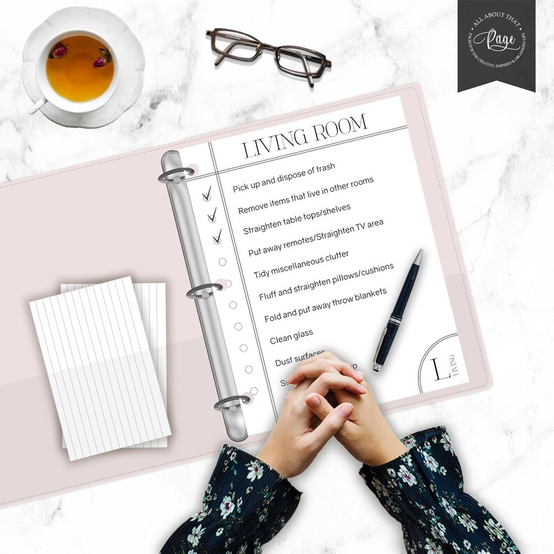 May include: A checklist for cleaning a living room with check boxes next to each task. The tasks include picking up trash, removing items from other rooms, straightening table tops, putting away remotes, tidying clutter, fluffing pillows, folding blankets, cleaning glass, and dusting surfaces.