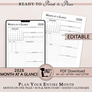 2026 Month at a Glance Planner Printable Digital | Monthly Overview | One Page Calendar | Editable | Half Letter A4 A5 Size | PDF | CLP