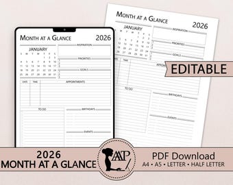 2026 Month at a Glance Planner Printable Digital | Monthly Overview | One Page Calendar | Editable | Half Letter A4 A5 Size | PDF | CLP