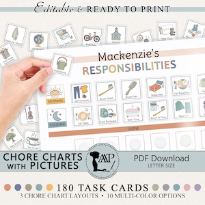 Kids Daily Responsibility Chore Chart with Pictures Printable | Children's Routine | Morning Evening Responsibilities Task Checklist HFL