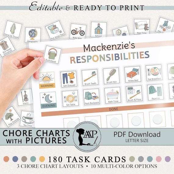 Kids Daily Responsibility Chore Chart with Pictures Printable | Children's Routine | Morning Evening Responsibilities Task Checklist HFL