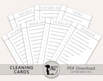 Può includere: Carte di controllo per la pulizia stampabili per 21 stanze, tra cui cucina, bagno, camera da letto, soggiorno, sala da pranzo, lavanderia e ufficio. Ogni carta contiene un elenco di attività di pulizia con caselle di controllo. Le carte sono progettate in uno stile semplice in bianco e nero con un design minimalista.