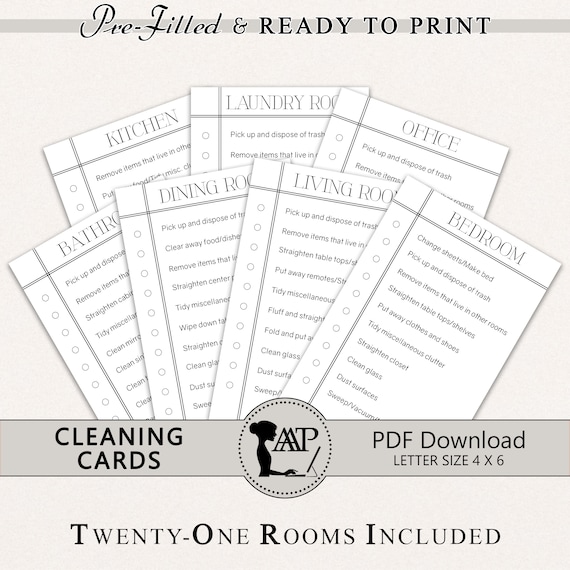 Cleaning Cards, Room by Room Chores, Daily Weekly Cleaning Checklist, Kids Printable Chore Chart, Cleaning Routine, Minimalist, CLC02-01