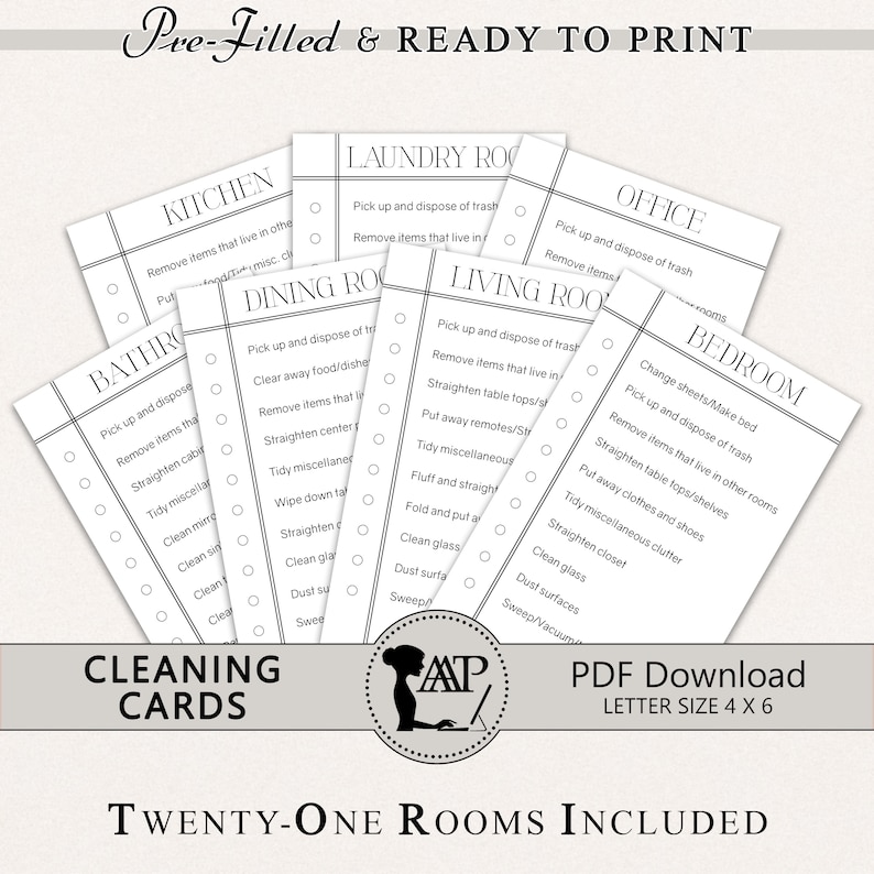 May include: Printable cleaning checklist cards for 21 rooms, including kitchen, bathroom, bedroom, living room, dining room, laundry room, and office. Each card has a list of cleaning tasks with checkboxes. The cards are designed in a simple black and white style with a minimalist design.