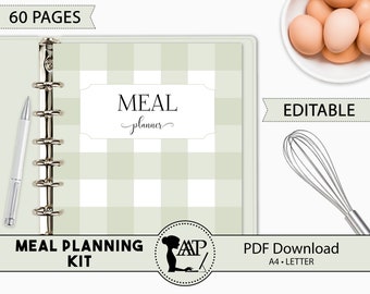 Meal Planning Printable Kit, Editable Meal Planner, Grocery List, Kitchen Inventory, Monthly Weekly, Food Journal, Meal Prep RMP03-06 MPK