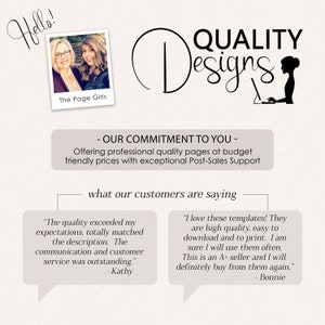 K&ouml;nnte beinhalten: Ein Grafikdesign mit dem Text "QUALITY Designs" und einer Silhouette einer Person, die an einem Laptop arbeitet. Enth&auml;lt ein Foto von zwei Frauen und Kundenreferenzen. Die W&ouml;rter "Hello!" und "The Page Girls" sind ebenfalls vorhanden.