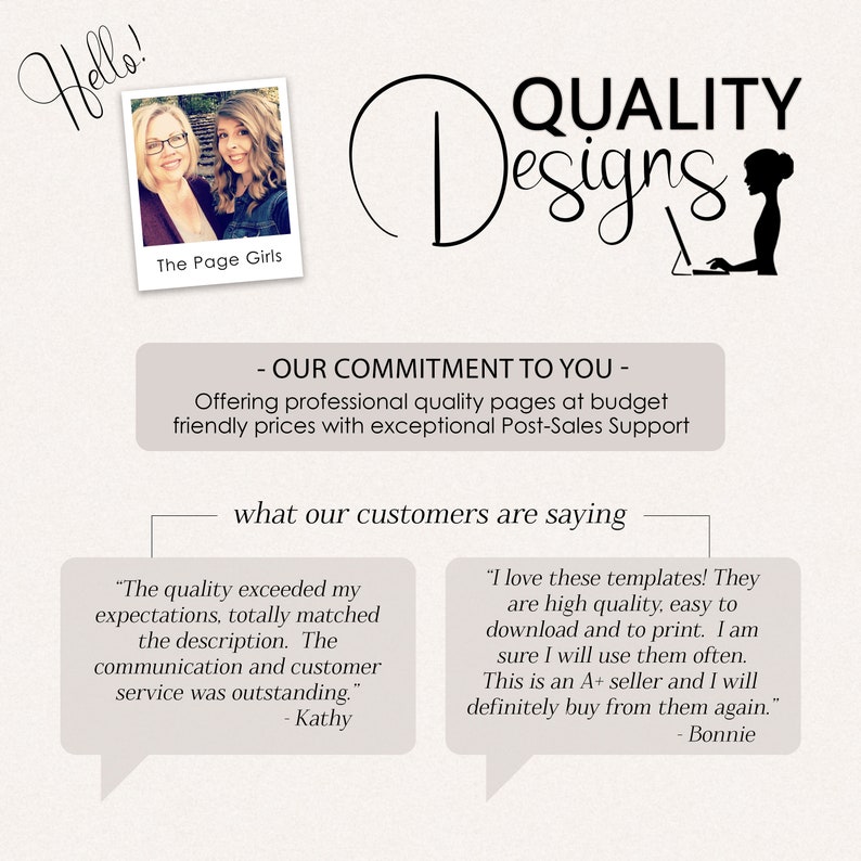 K&ouml;nnte beinhalten: Ein Grafikdesign mit dem Text "QUALITY Designs" und einer Silhouette einer Person, die an einem Laptop arbeitet. Enth&auml;lt ein Foto von zwei Frauen und Kundenreferenzen. Die W&ouml;rter "Hello!" und "The Page Girls" sind ebenfalls vorhanden.