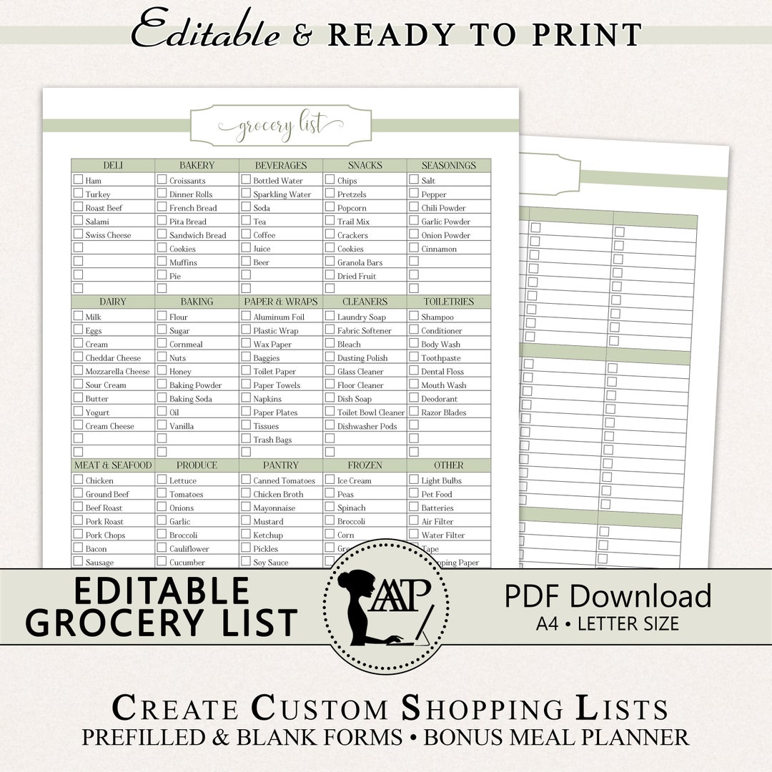 Editable Grocery List Template, Shopping List Printable, Customized ...