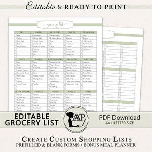 Editable Grocery List Template, Shopping List Printable, Customized Grocery List, PDF Download, Green, Kitchen Organization, RMP03-02, GLP
