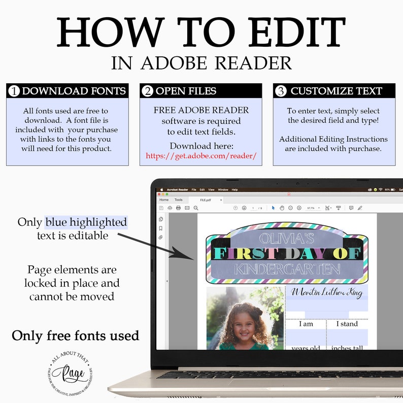 Puede incluir: La pantalla de una computadora port&aacute;til muestra un documento PDF con instrucciones sobre c&oacute;mo editar un cartel imprimible usando Adobe Reader. El cartel es un cartel colorido del primer d&iacute;a de jard&iacute;n de infantes con un espacio reservado para una foto y campos de texto editables. El cartel dice "Olivia's First Day of Kindergarten" con un borde de rayas de arco&iacute;ris.