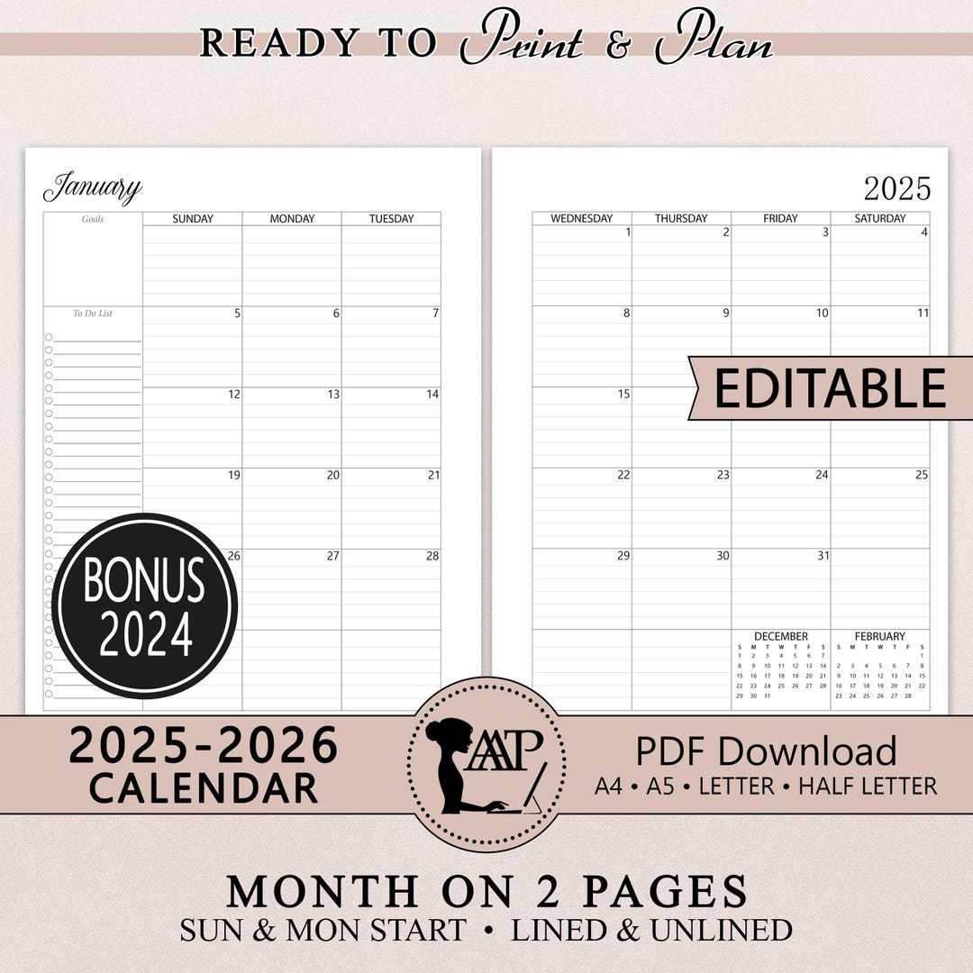 2025 2026 EDITABLE Calendar Printable Template Fillable Two 2 Page
