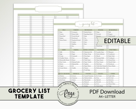 Editable Grocery List Template Shopping List Printable Etsy