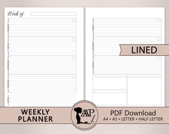 Weekly Planner Printable | Horizontal Lined 2 Page Layout | Week on Two Pages | Modern Minimalist | A4 A5 Letter Half Size | PDF CLP04-05