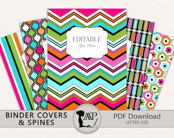 May include: Five printable binder covers with colorful geometric patterns. The covers feature a chevron pattern, a Moroccan tile pattern, a striped pattern, a geometric pattern with squares, and a floral pattern. The covers are editable and ready to print in letter size.