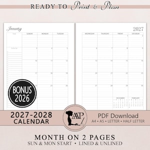 May include: A printable 2027 calendar layout spanning two pages for January, featuring a monthly grid with Sunday through Saturday columns, a goals section, a to-do list, and small reference calendars for December and February.