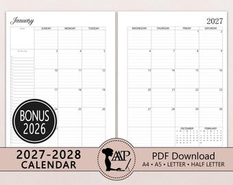 Puede incluir: Un calendario imprimible de 2027 en dos páginas para enero, con una cuadrícula mensual con columnas de domingo a sábado, una sección de objetivos, una lista de tareas y pequeños calendarios de referencia para diciembre y febrero.