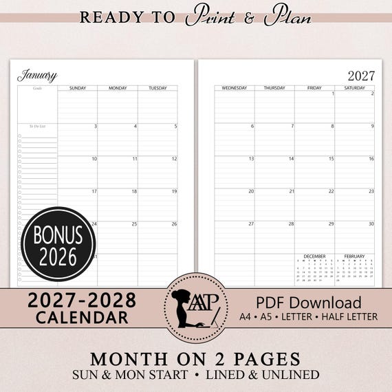 2027 2028 Monthly Calendar Printable | Two 2 Page Lined Unlined Planner Insert | Sunday Monday Start | A4 A5 Letter Half Size | PDF CLP01-01