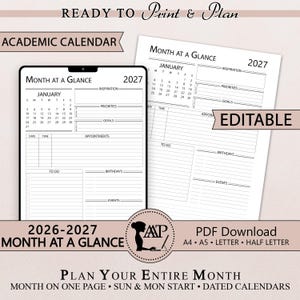May include: A 2027 academic calendar template featuring a Month at a Glance layout. The document includes sections for inspiration, priorities, goals, appointments, to-do lists, birthdays, and events. The design is black and white with clear text.