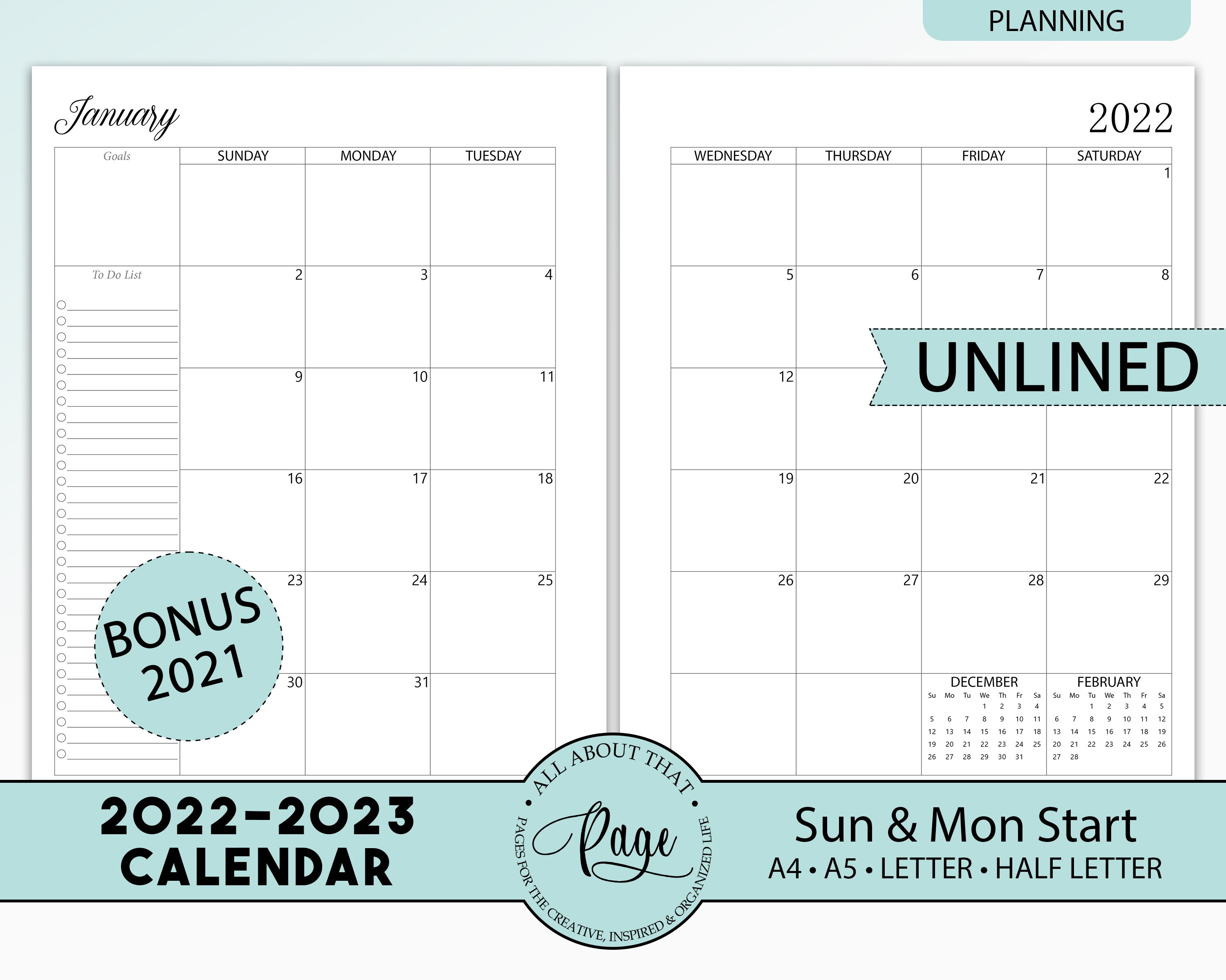 NEW! 2022 2023 Monthly Calendar Printable, Two 2 Page Planner Insert,…