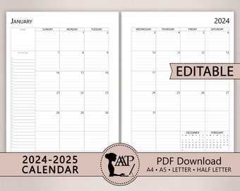 2024 2025 EDITABLE Calendar Printable Template | Fillable Two 2 Page Lined Unlined | Sunday Monday Start | A4 A5 Half Letter | PDF CLP01-04