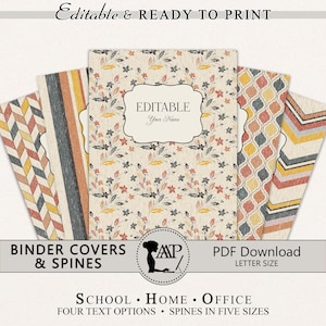 Capas e lombadas editáveis para fichário, capa para caderno de 3 anéis, capa editável para fichário de estudante, planejador de professor escolar, vintage, BND-12