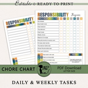 Editable Chore Chart, Printable Chores for Older Kids, Child Responsibility, Teen Teens To Do List, Boys Reward, Blue Green Orange, CHC02-04