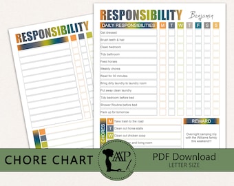 May include: A printable chore chart for kids with a colorful design and a checklist for daily and weekly responsibilities. The chart includes a reward section for completing chores, with an example of an overnight camping trip. The chart is titled "Responsibility" and includes the name "Benjamin".