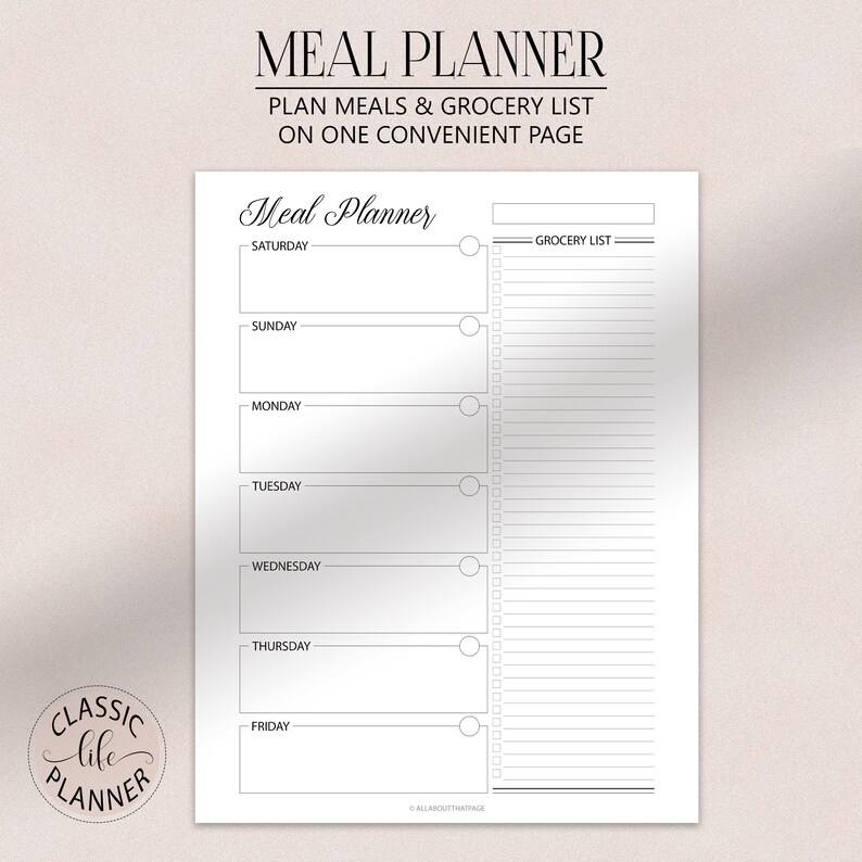 Weekly Meal Planner Printable Digital | Grocery List Menu Planning ...