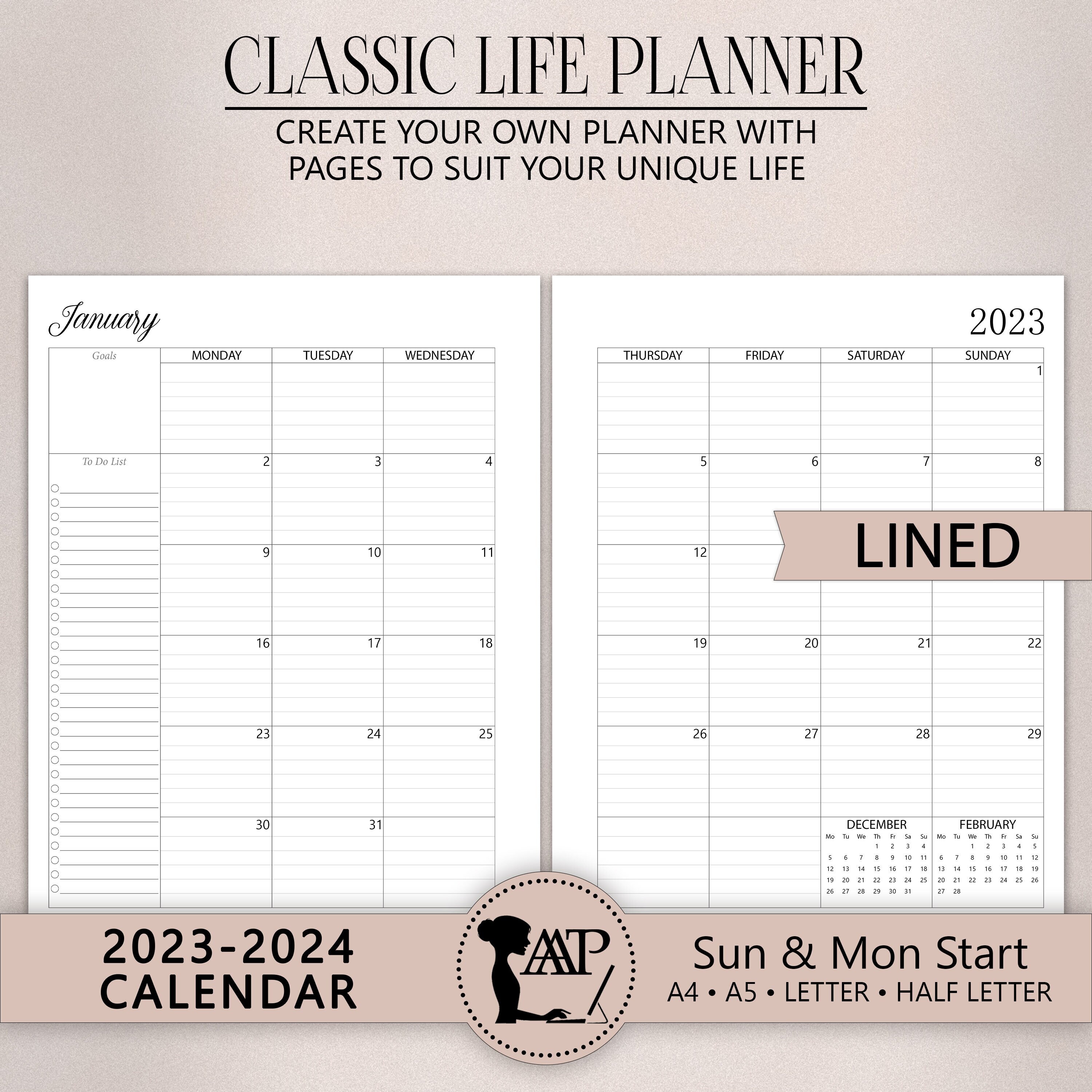 2023 2024 Monthly Calendar Printable Two 2 Page Lined - Etsy