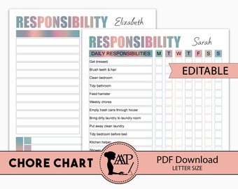 Editable Chore Chart, Printable Chores for Older Kids, Child Responsibility, Teen Teens To Do List, Girls Reward, Rainbow, Daily, CHC02-02