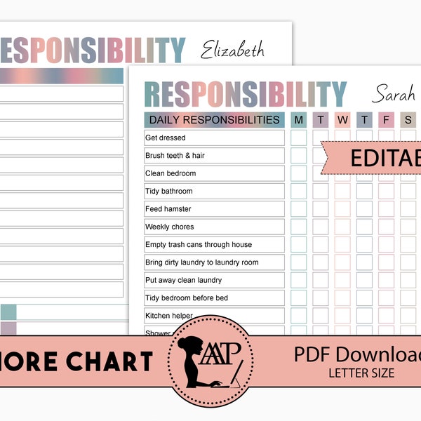 Editable Chore Chart, Printable Chores for Older Kids, Child Responsibility, Teen Teens To Do List, Girls Reward, Rainbow, Daily, CHC02-02